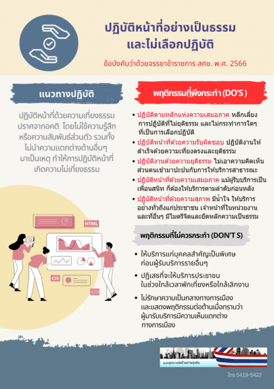 Infographic คู่มือการปฏิบัติตามข้อบังคับว่าด้วยจรรยาข้าราชการสำนักงานสภาพัฒนาการเศรษฐกิจและสังคมแห่งชาติ (Do’s และ Don’ts)