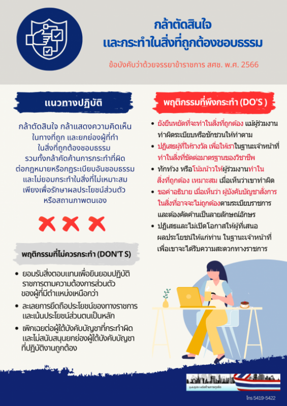 Infographic คู่มือการปฏิบัติตามข้อบังคับว่าด้วยจรรยาข้าราชการสำนักงานสภาพัฒนาการเศรษฐกิจและสังคมแห่งชาติ (Do’s และ Don’ts)